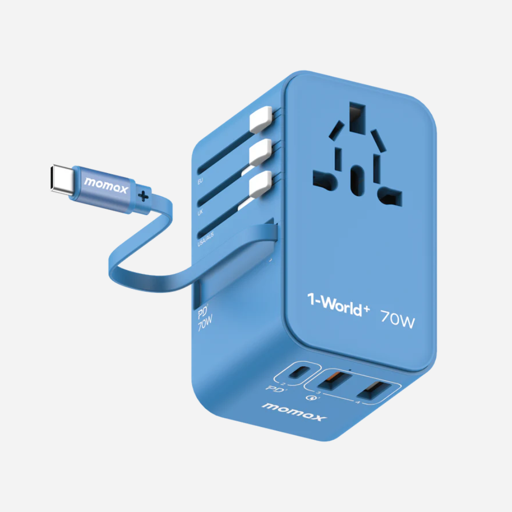 1-World 3-Port GaN + AC Travel Adapter 70W