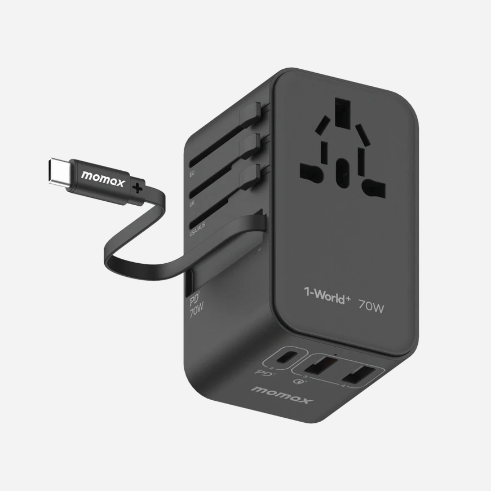 1-World 3-Port GaN + AC Travel Adapter 70W